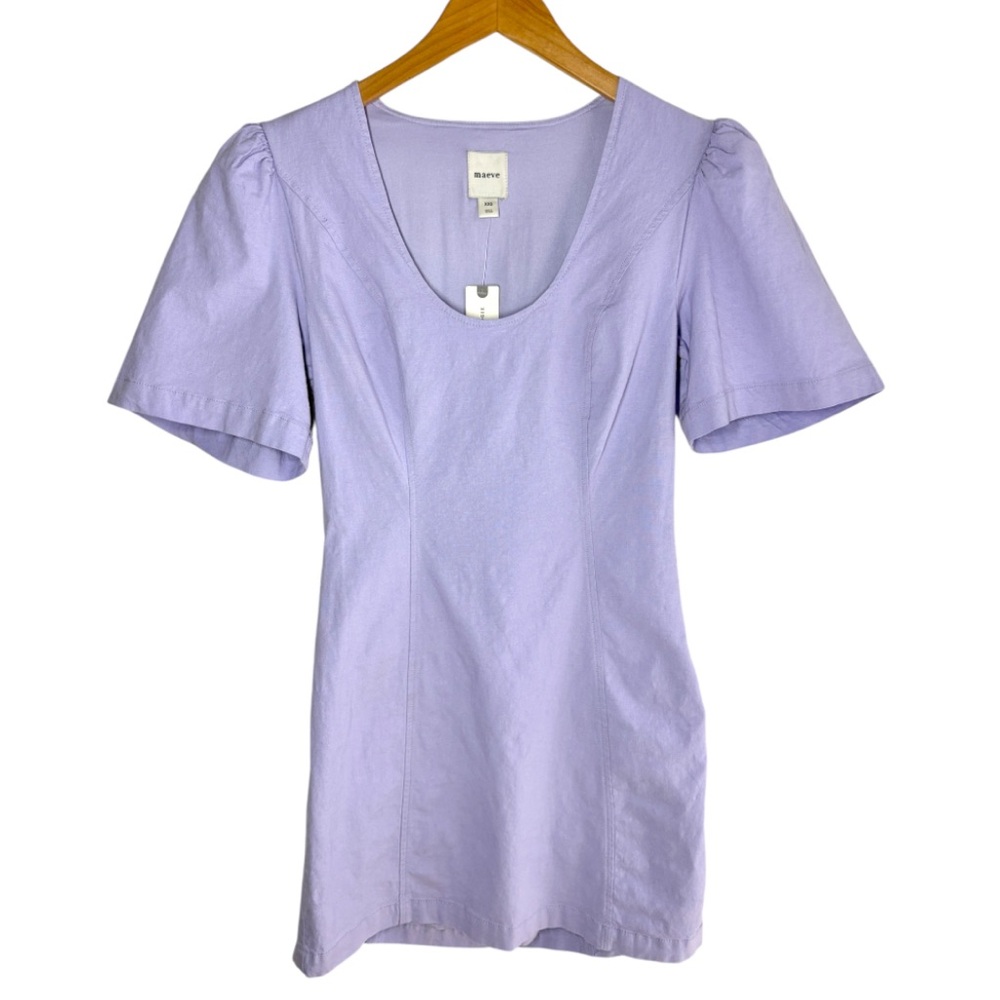 Anthropologie Maeve Puff Sleeve Linen Cutout Mini Dress Size XXS Purple
